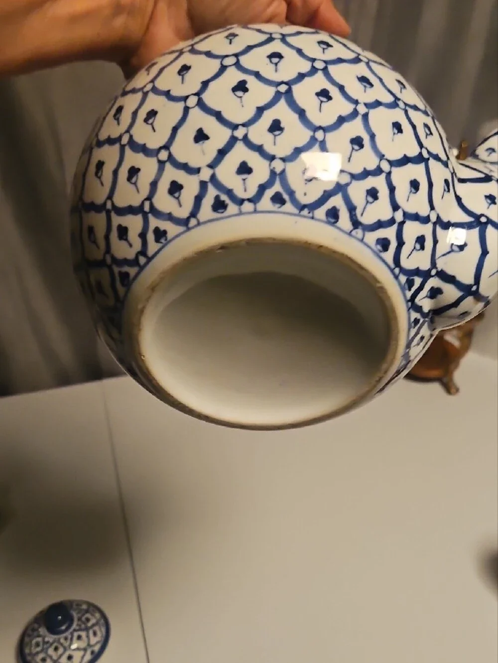 Andrea By Sadek Blue and White Ceramic Teapot with Brass Handle